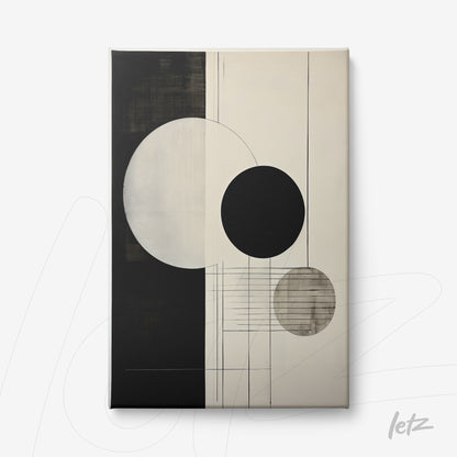 canvas print featuring abstract composition in black and white with circles of various sizes and textures on a light background