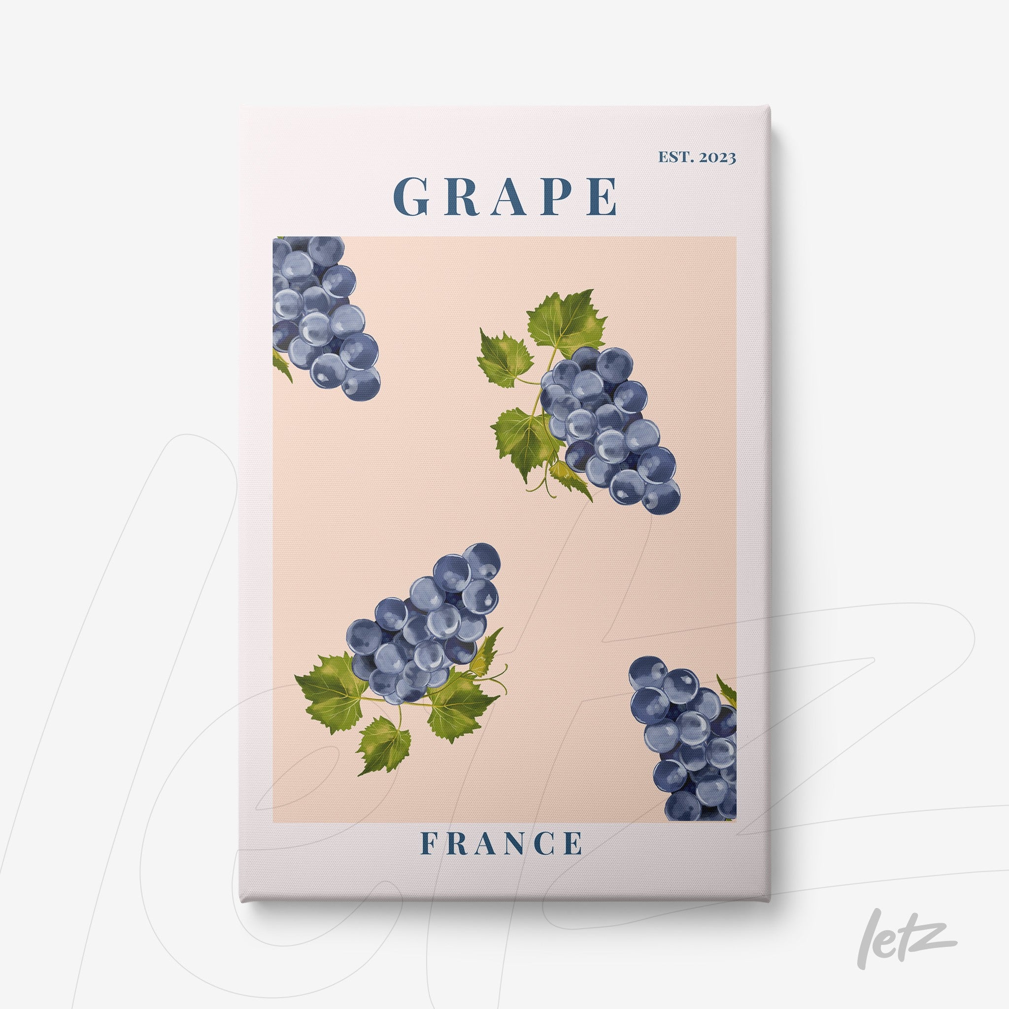 canvas art featuring blue grape clusters on a light pink background with blue text