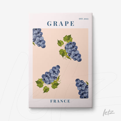 canvas art featuring blue grape clusters on a light pink background with blue text