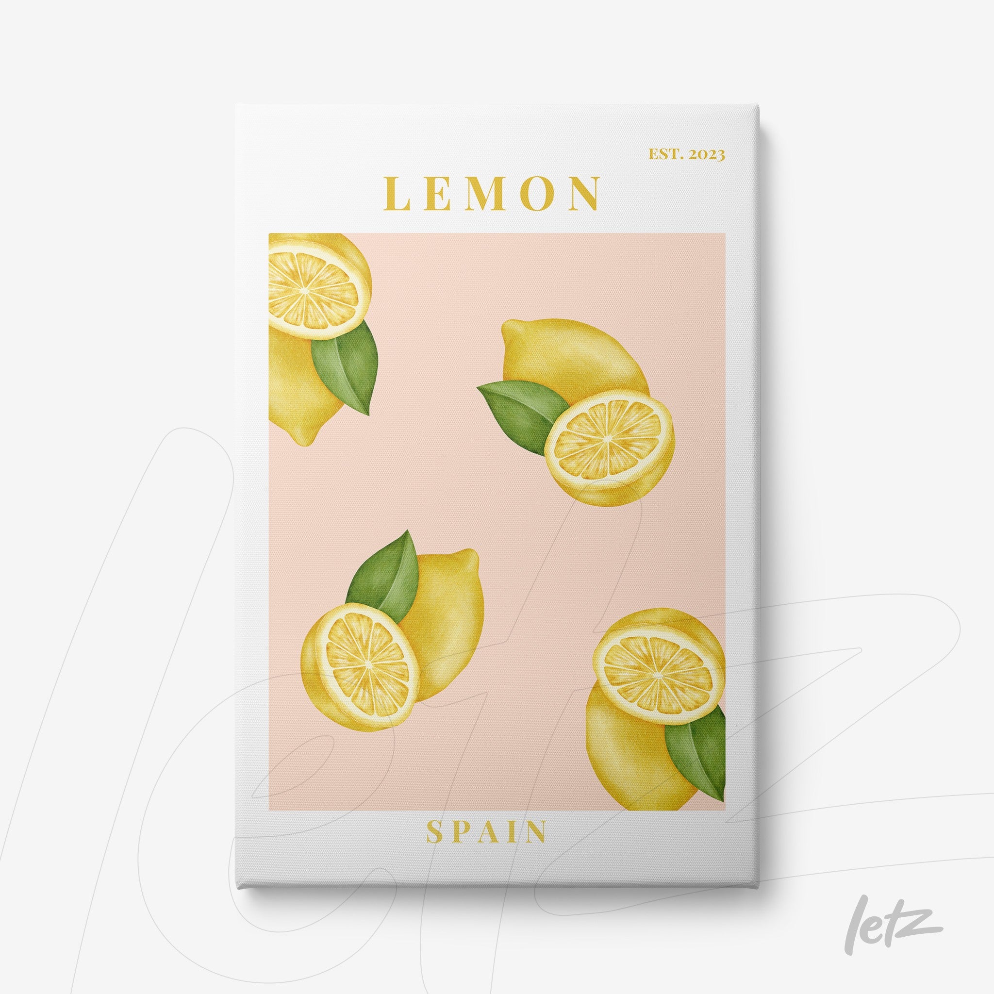 canvas print featuring lemon illustration on soft pink background with whole and sliced lemons alongside green leaves