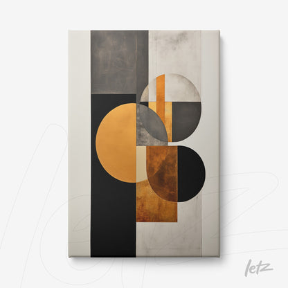 canvas art featuring modern geometric composition in black, gold, and gray tones, highlighting circular and rectangular shapes