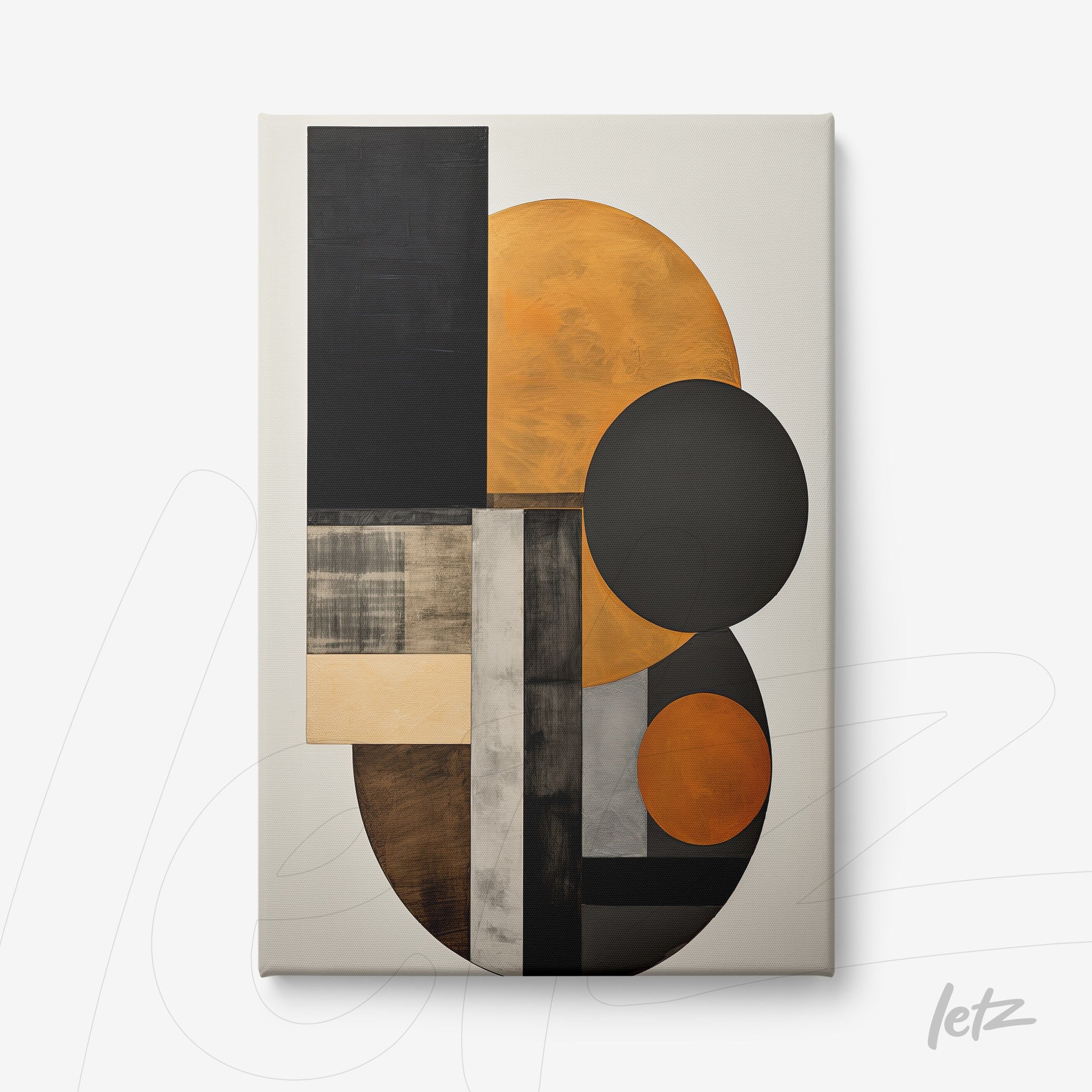 canvas artwork featuring abstract geometric shapes in earthy tones against a light background