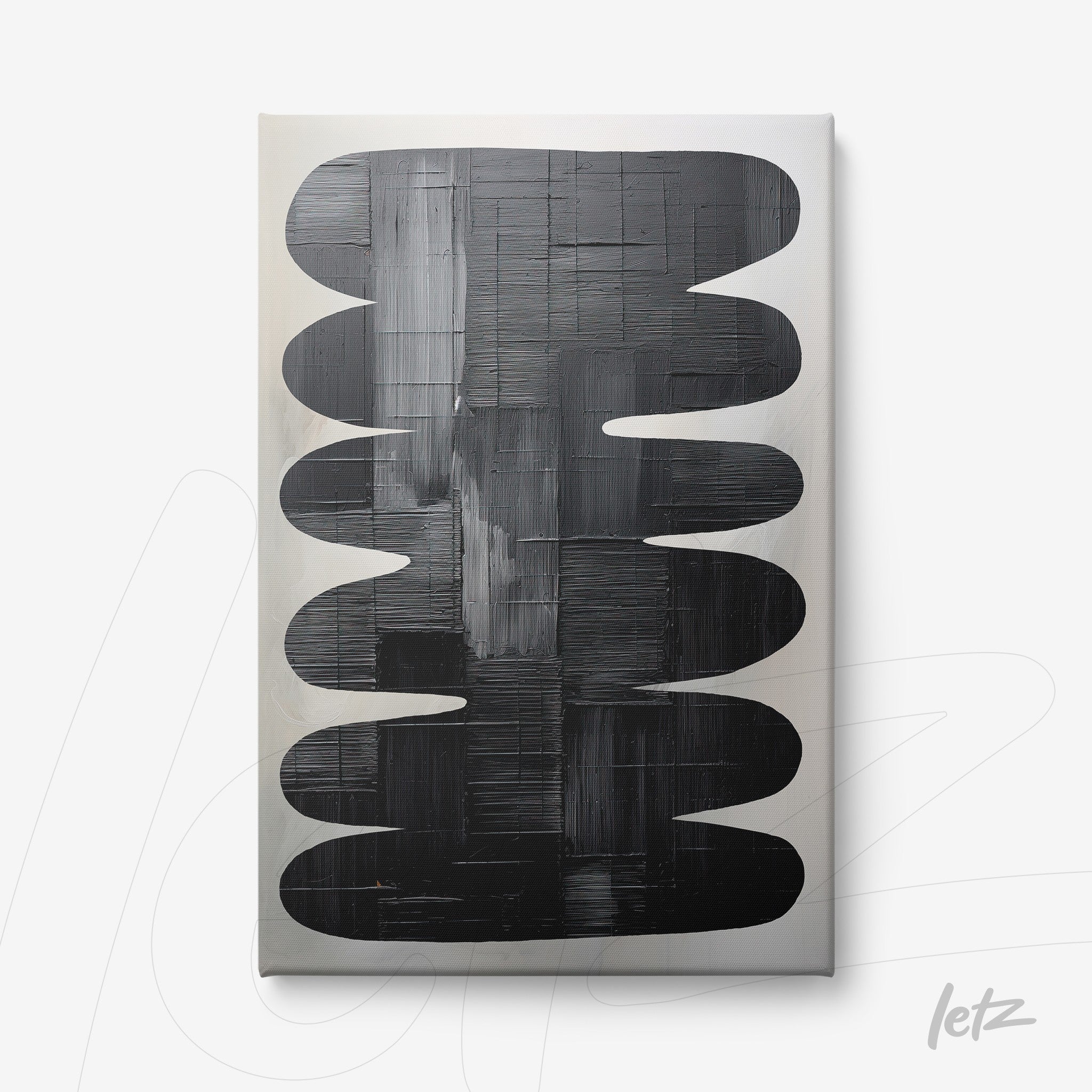 canvas artwork featuring abstract black and gray shapes on a light background with smooth curves