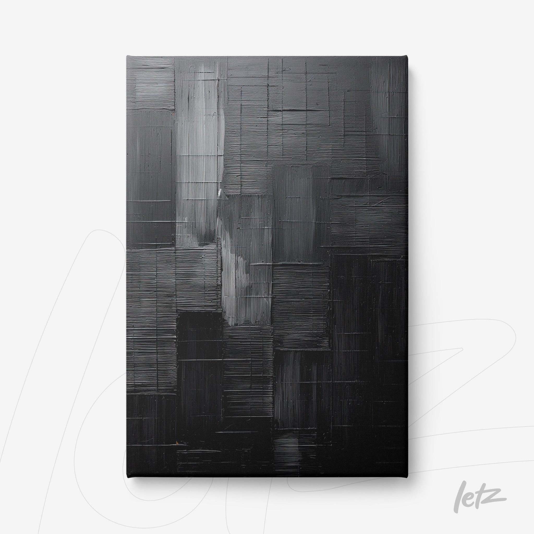 canvas featuring bold black and gray textures with striking brush strokes
