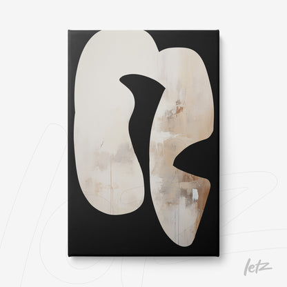 modern canvas art featuring abstract shapes in soft beige tones and black on a dark background