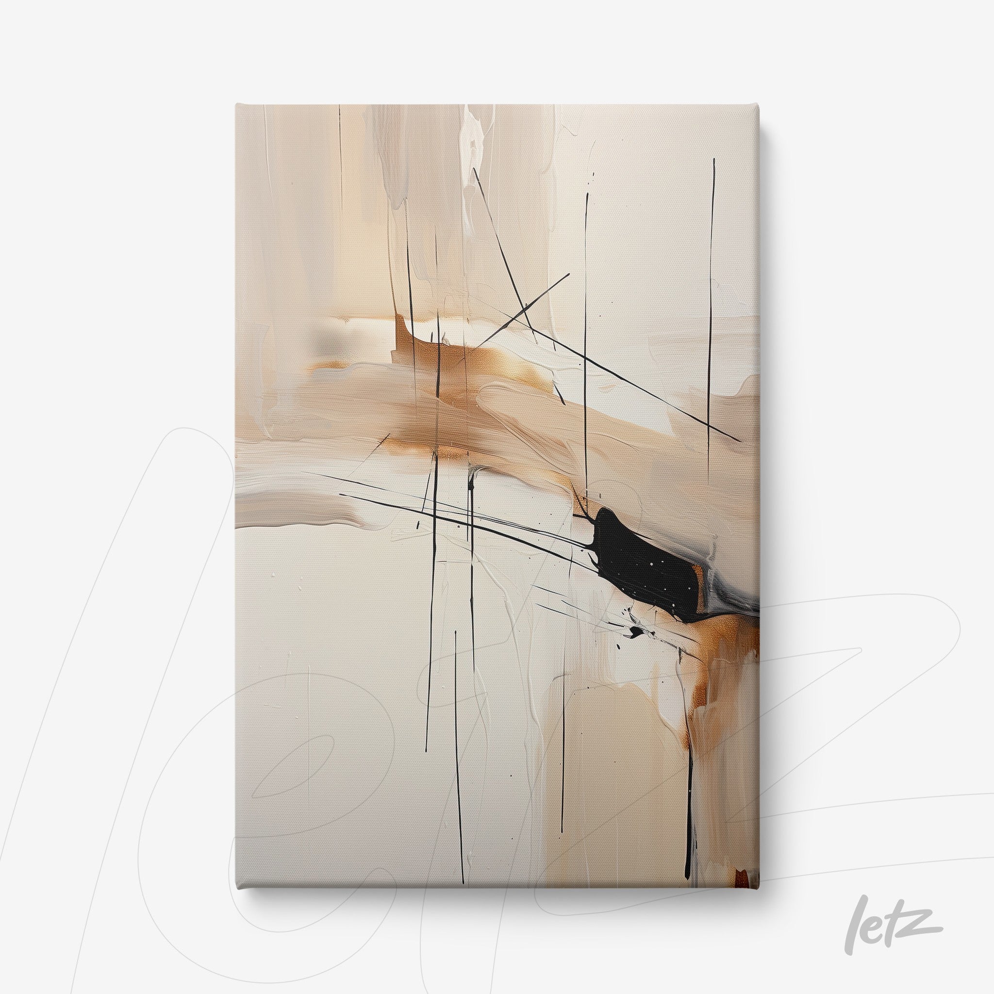 canvas artwork featuring abstract design in neutral tones with black lines