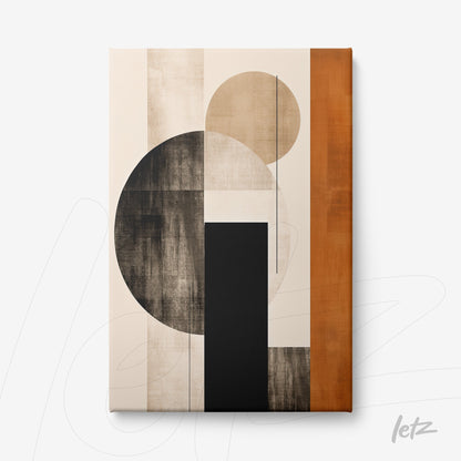 abstract wall art featuring earthy tones with geometric shapes including circles and a black rectangle