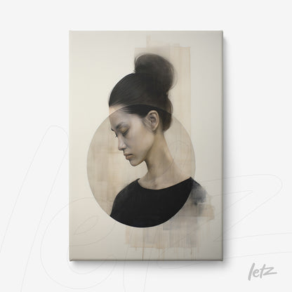 canvas print featuring a side profile of a woman, with a light-toned background and abstract circles