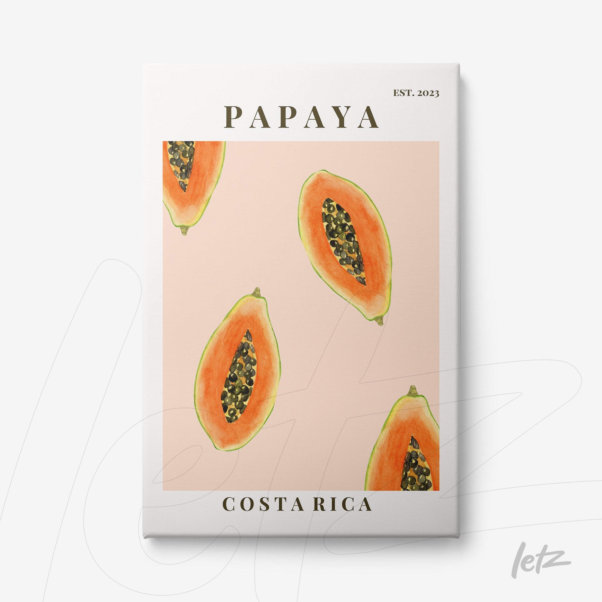 canvas art featuring illustrations of papaya slices on a pink background with typographic text