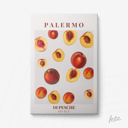 framed art of organic peaches on white background with red lettering at the bottom