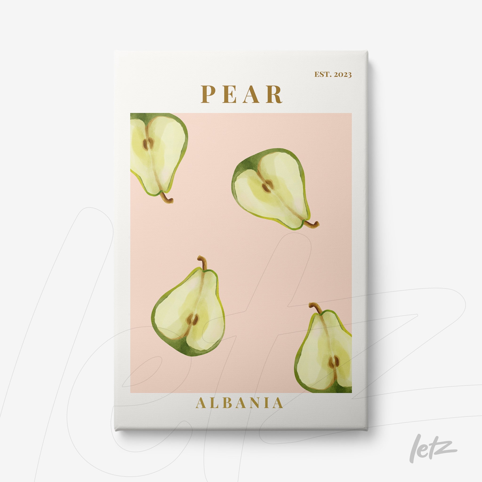 framed artwork featuring green pears on a pink background with the text 'PEAR' and 'ALBANIA' in gold