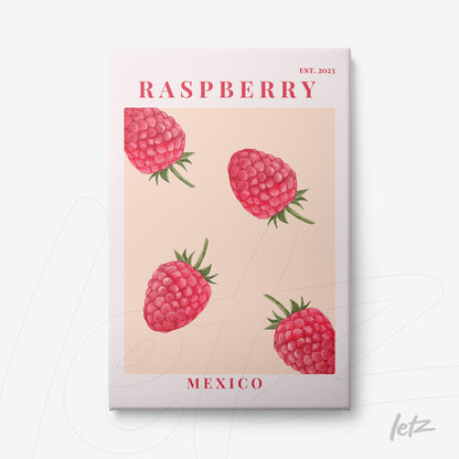 framed artwork featuring raspberries on a soft pink background with red lettering