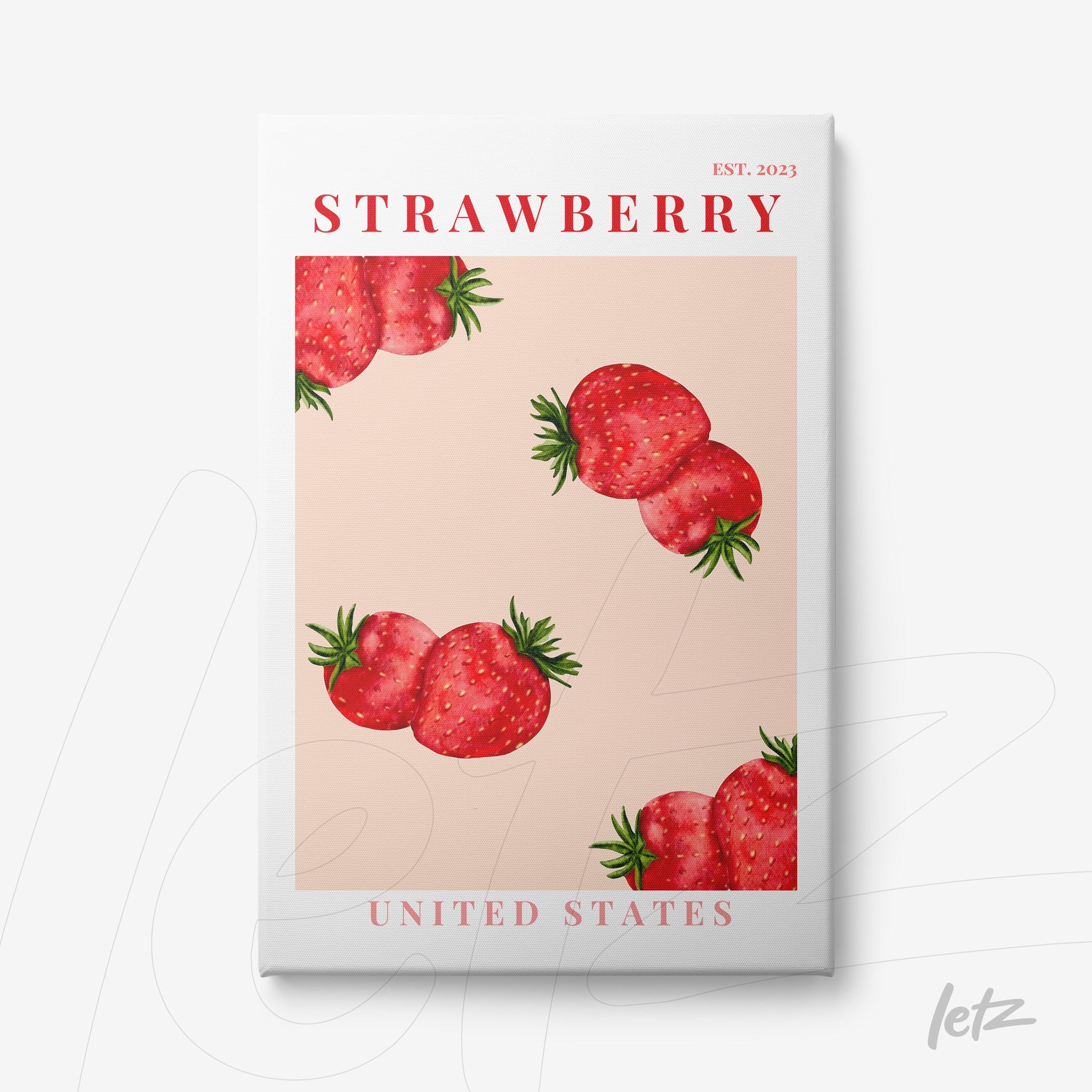 framed art featuring strawberries on light pink background with white frame, contemporary style