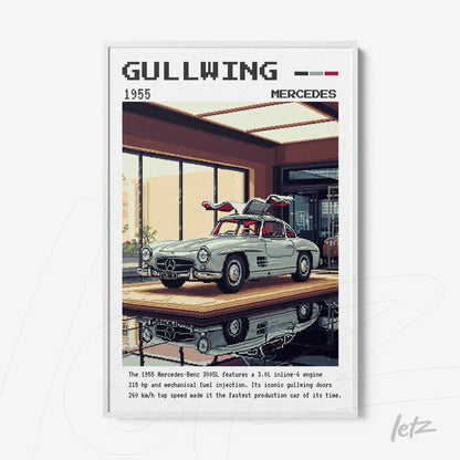 framed art print of the 1955 Mercedes-Benz 300SL Gullwing showcased in a modern setting