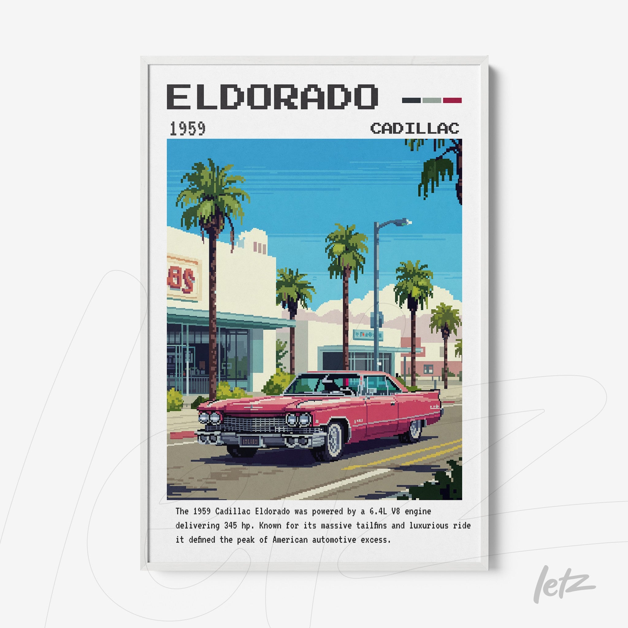framed pixel art of a 1959 Cadillac Eldorado with a white frame