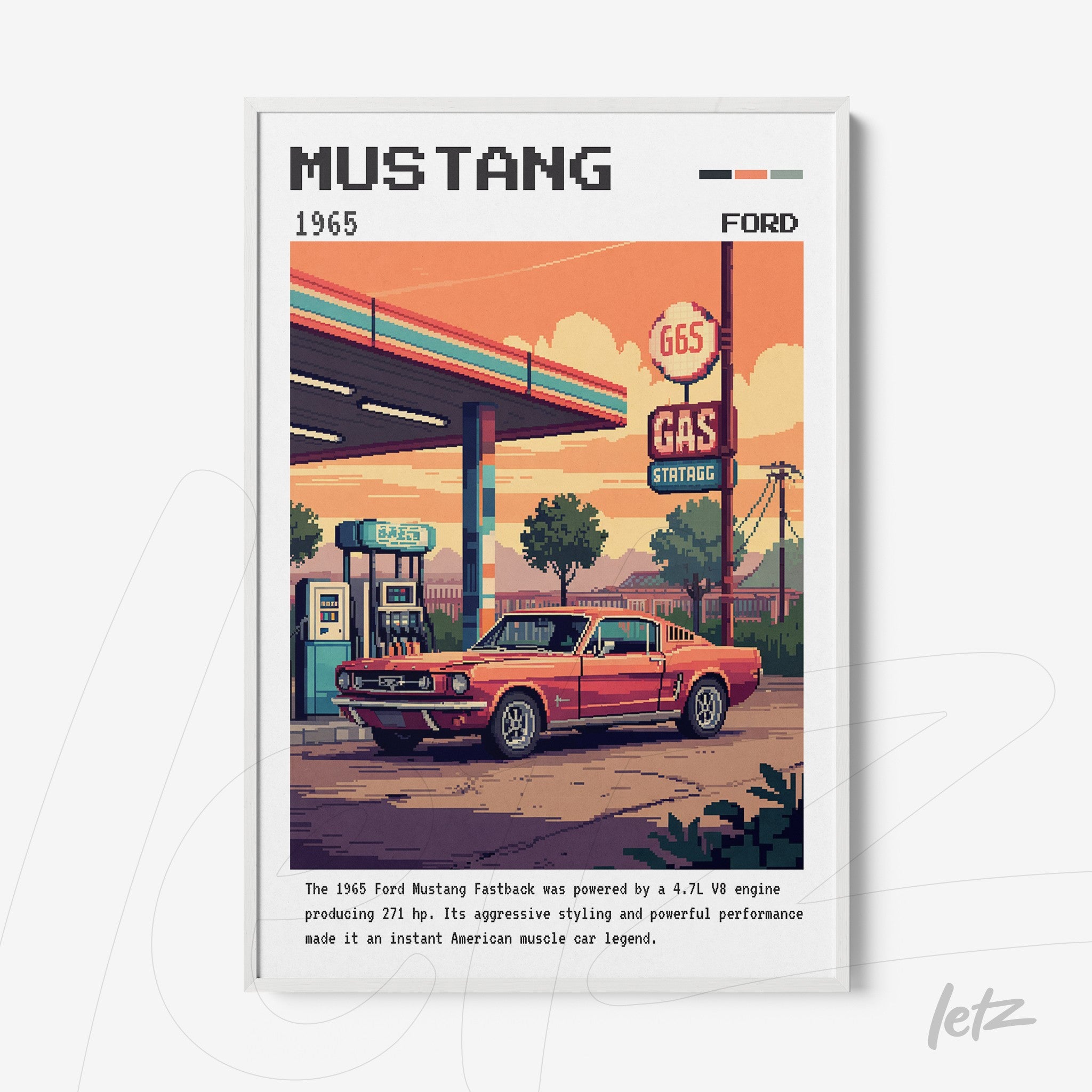 pixel art print of a red Mustang car in front of a gas station with white frame