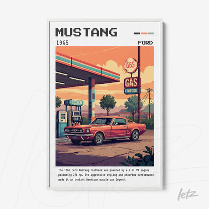 pixel art print of a red Mustang car in front of a gas station with white frame