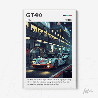 vintage style wall art featuring a ford gt40 car in a race with an audience in the background, white frame