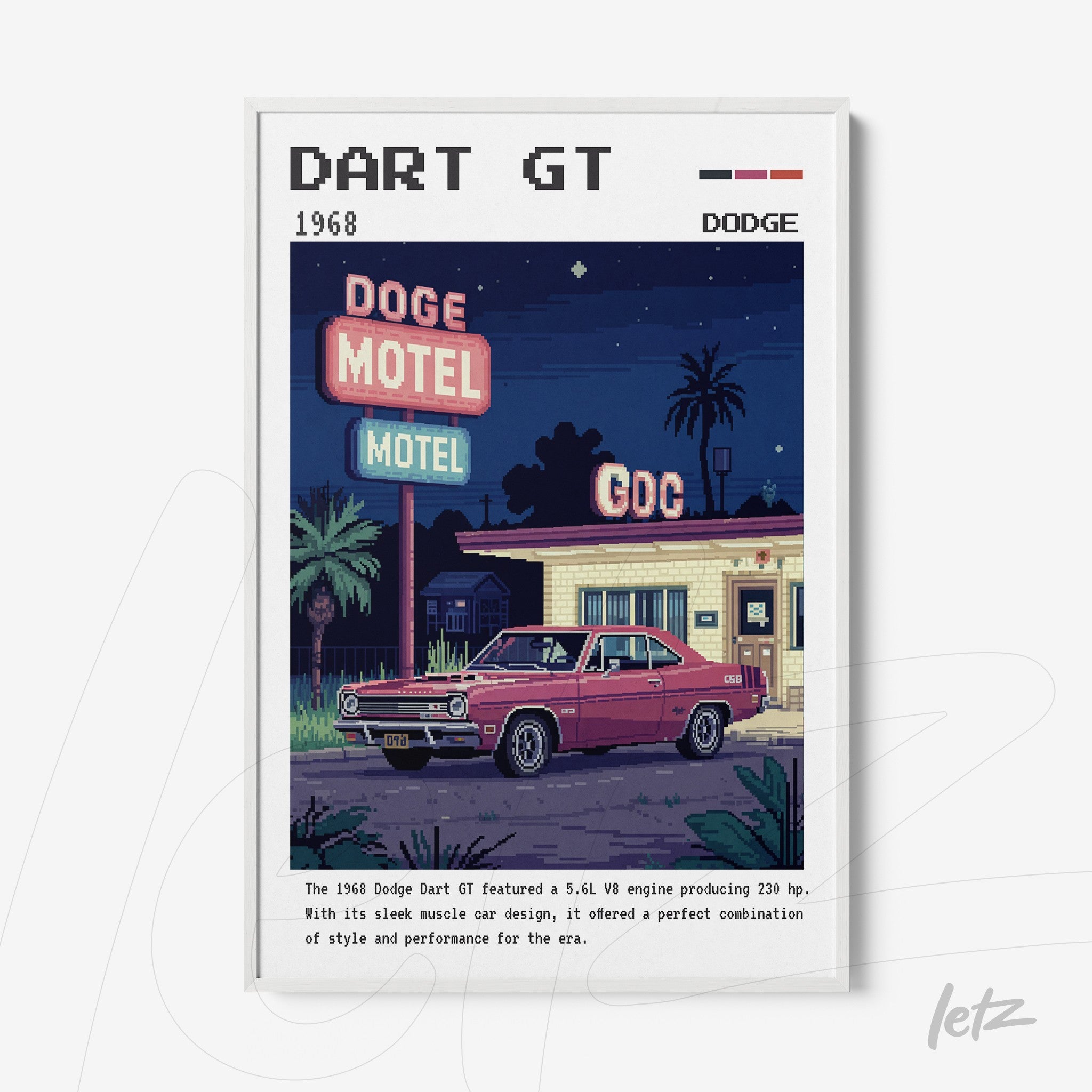 framed retro illustration of a 1968 Dodge Dart GT in front of a colorful Dodge Motel sign