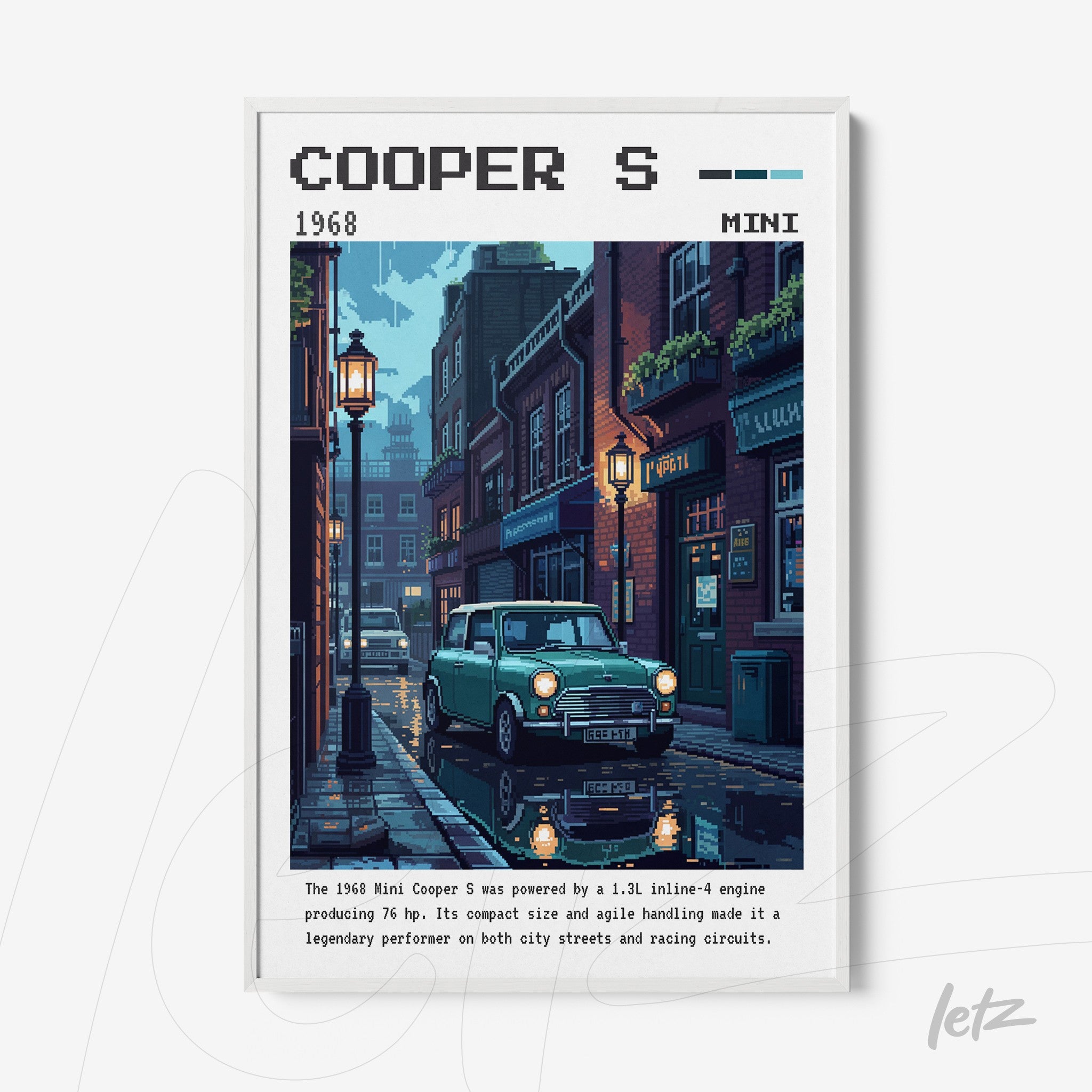 retro digital art print of a 1968 Mini Cooper S parked on a rainy street at night with vintage street lamps