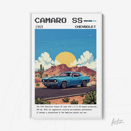 digital artwork of a 1969 camaro ss in pixel art style with a white frame and a background featuring mountains and cacti