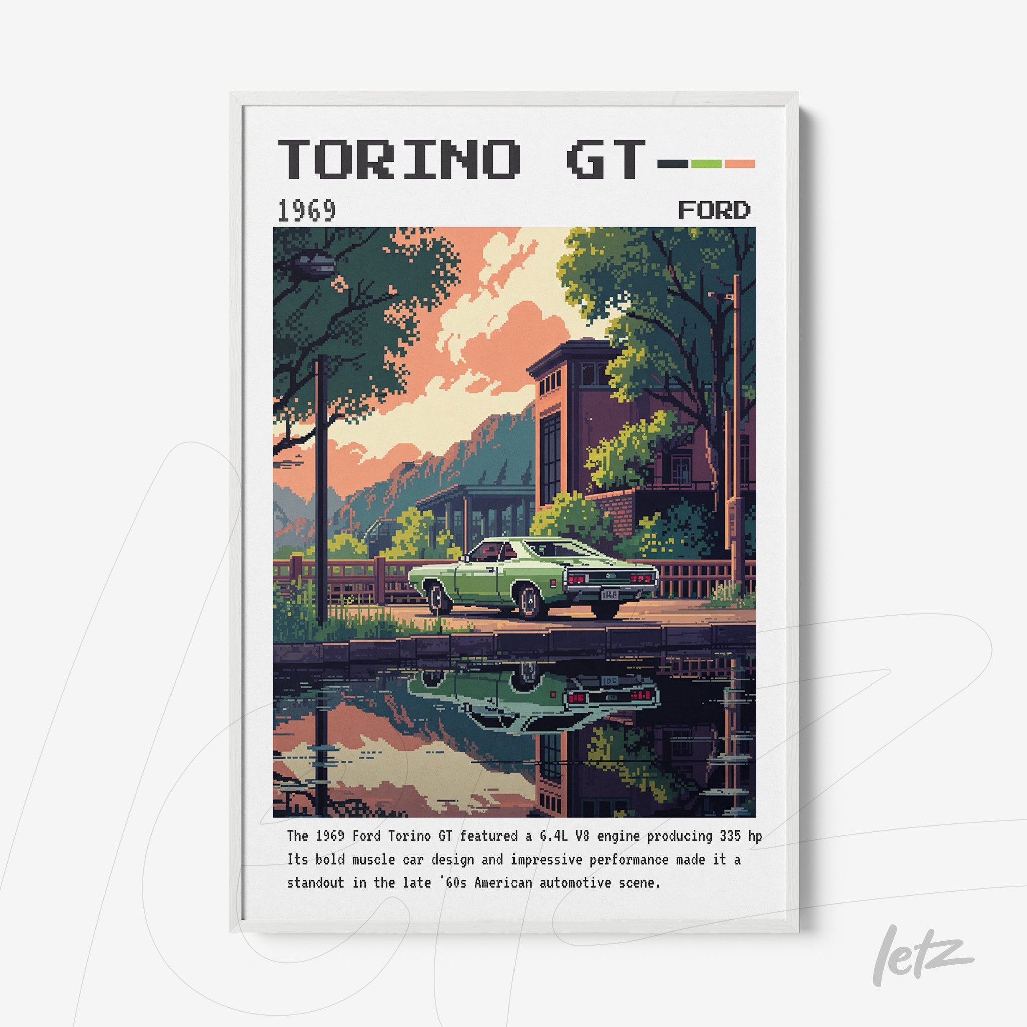 retro art print of the 1969 Ford Torino GT in a scenic landscape reflecting in water