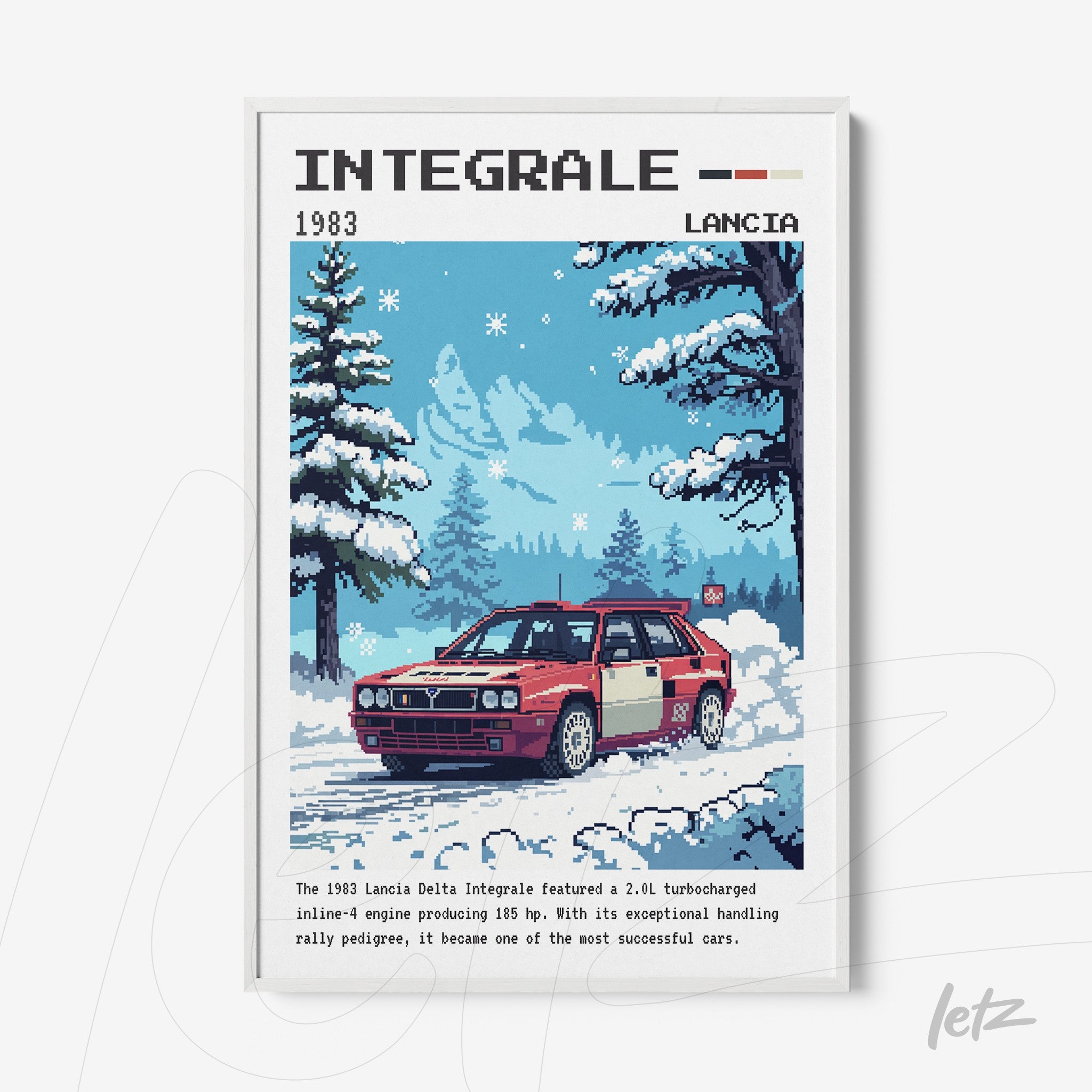 pixel art print of 1983 Lancia Delta Integrale car, featuring a snowy forest background