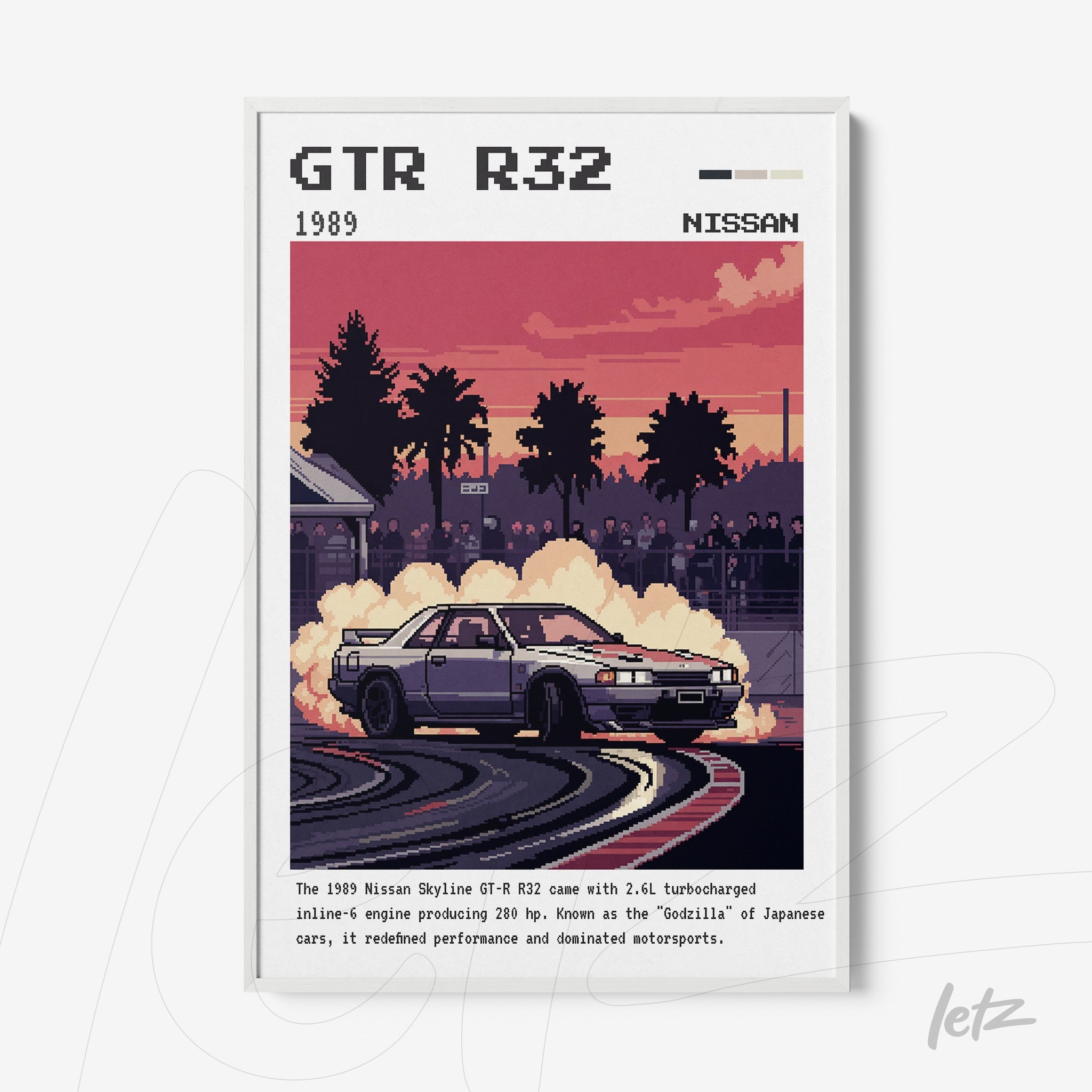 pixel art framed print of the Nissan Skyline GT-R R32 on a racetrack with palm trees at sunset