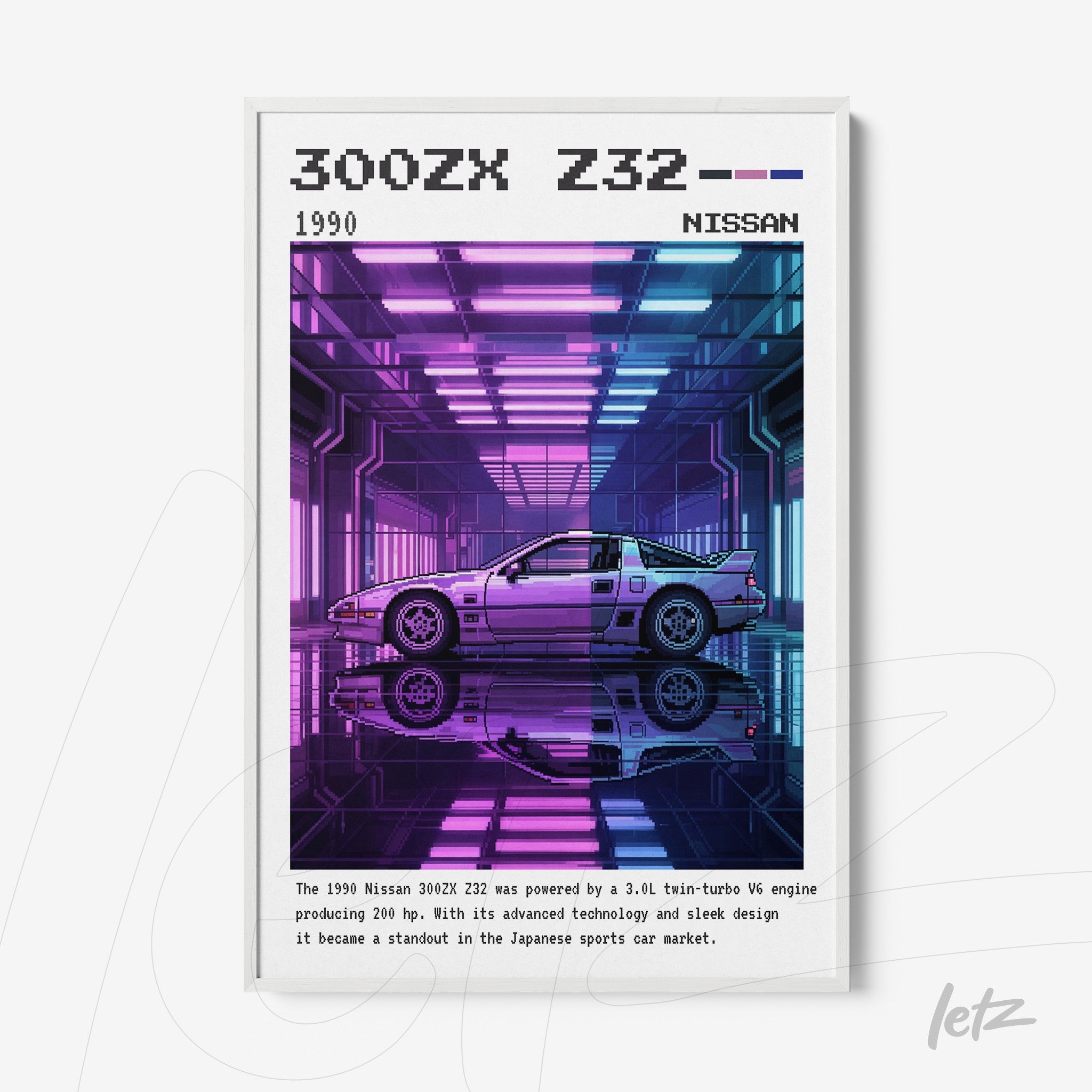 futuristic wall art featuring the Nissan 300ZX Z32 in a white frame with colorful neon background