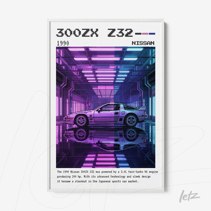 futuristic wall art featuring the Nissan 300ZX Z32 in a white frame with colorful neon background