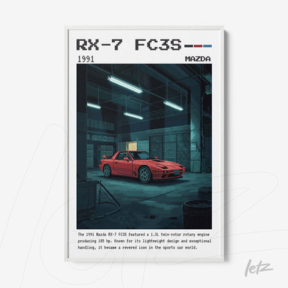 framed digital art of a red Mazda RX-7 FC3S in a garage setting with muted tones