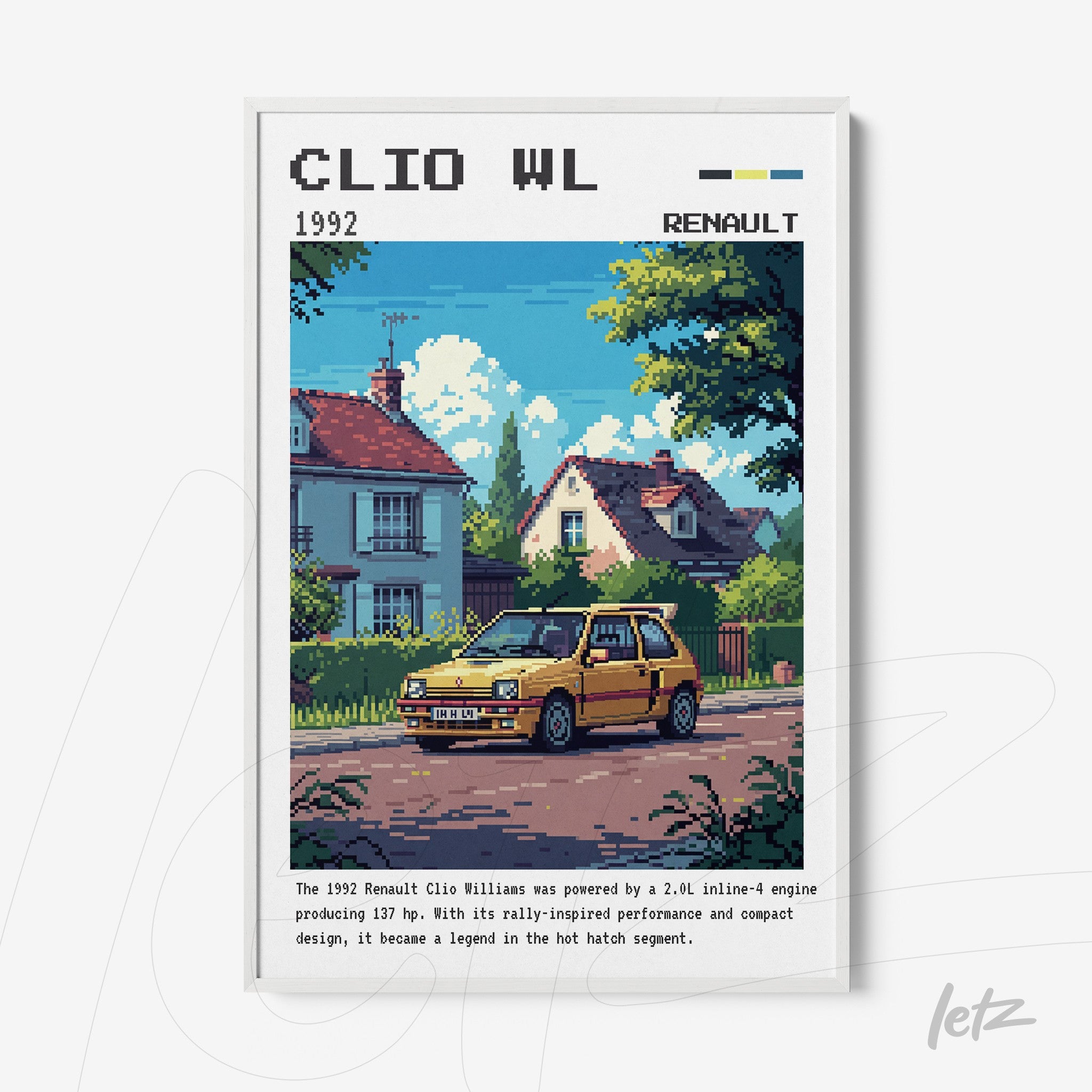 retro style wall art featuring a Renault Clio Williams in an urban setting with a white frame