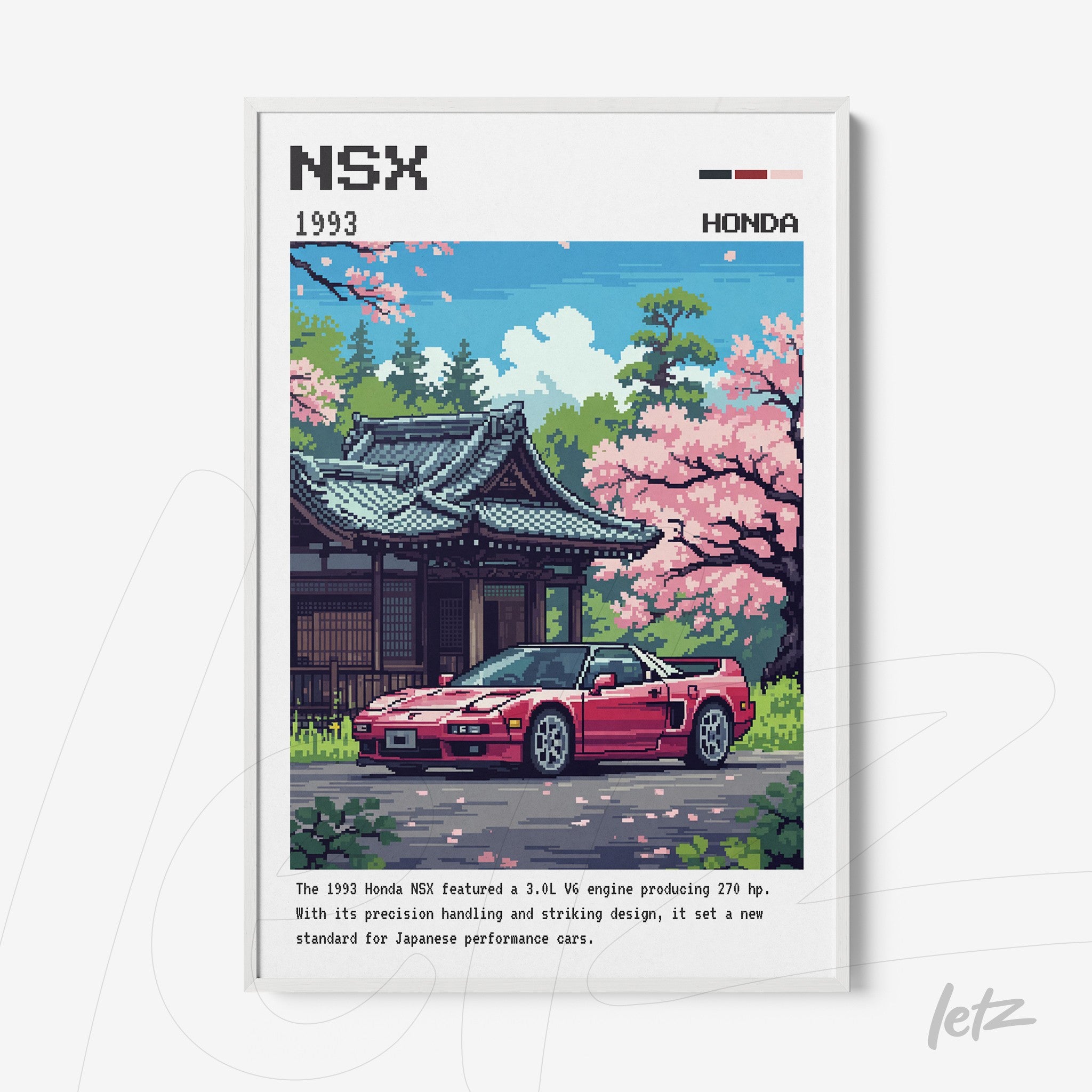 pixel art framed illustration of the 1993 Honda NSX in front of a Japanese temple surrounded by cherry blossom trees