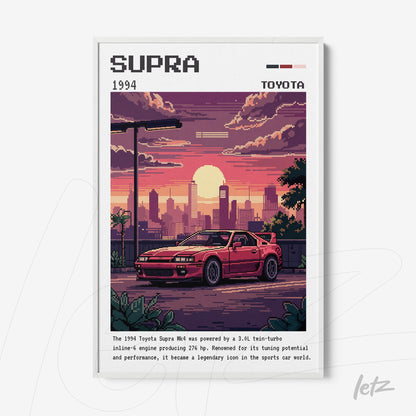 pixel art framed poster of a 1994 Toyota Supra sports car with white frame