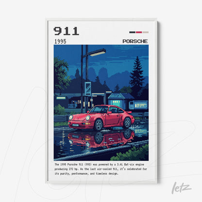 framed digital art of 1995 Porsche 911 reflecting on a water surface at sunset