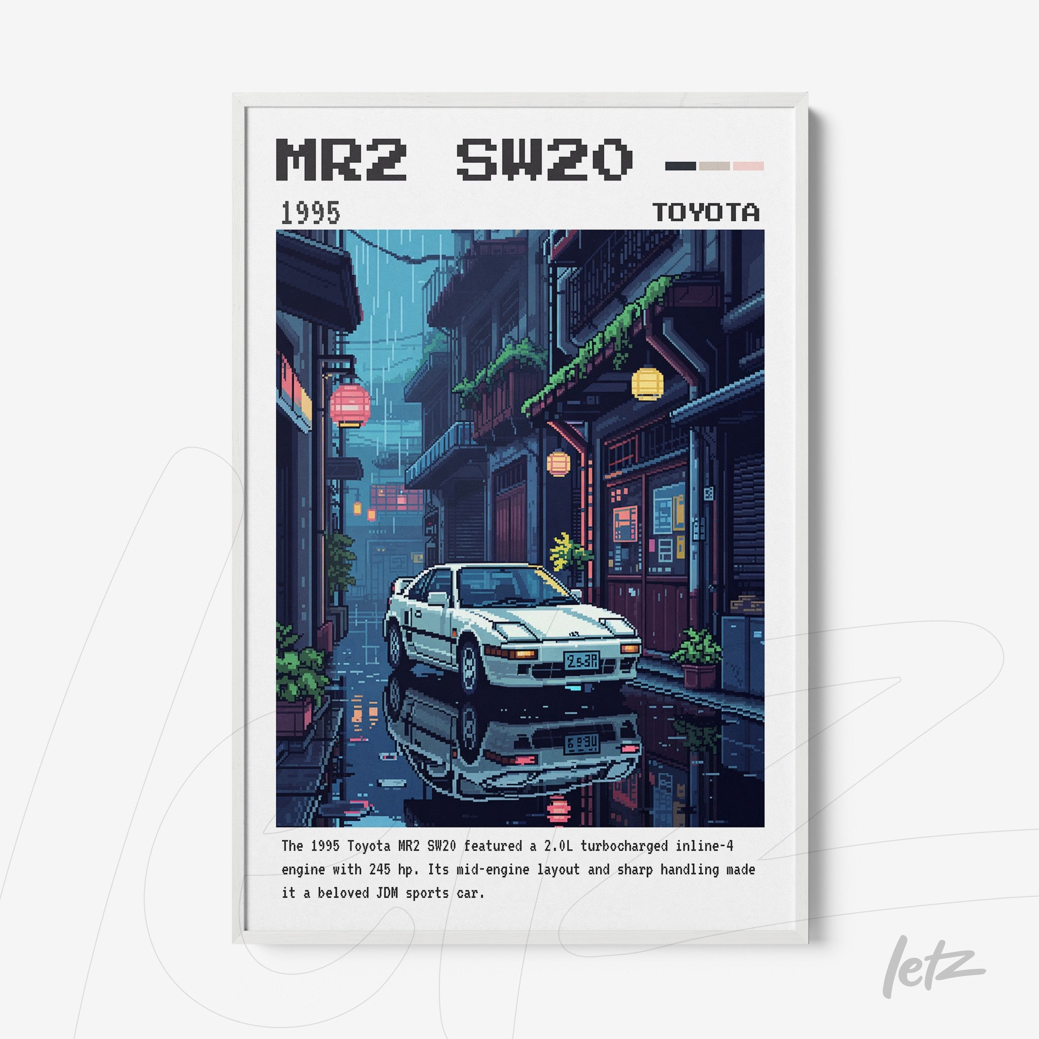 framed wall art in pixel art style featuring a 1995 Toyota MR2 car on a rainy Japanese street at night