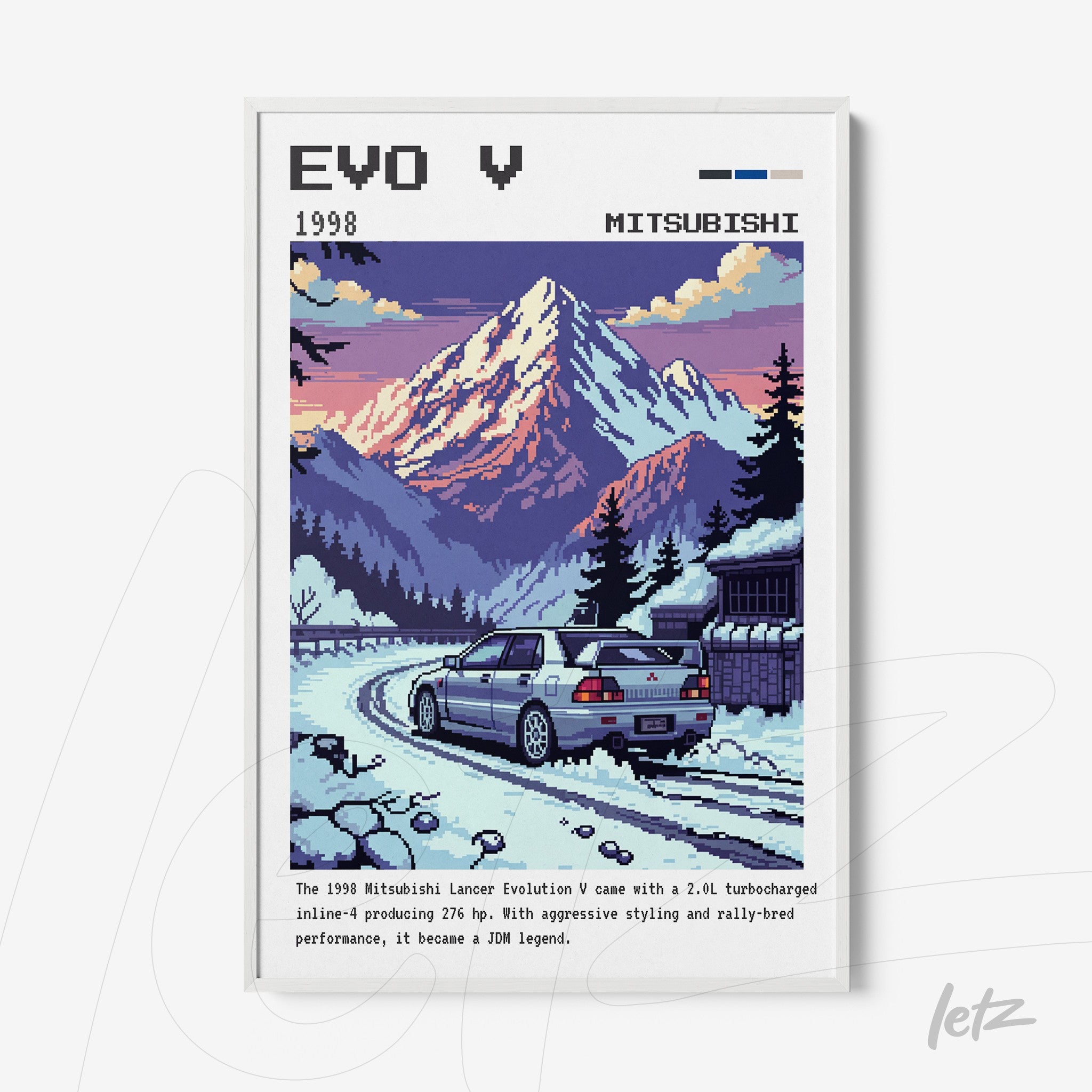 pixel art framed illustration of a 1998 Mitsubishi Lancer Evolution V on a snowy mountain road with a pink mountain backdrop and blue accents