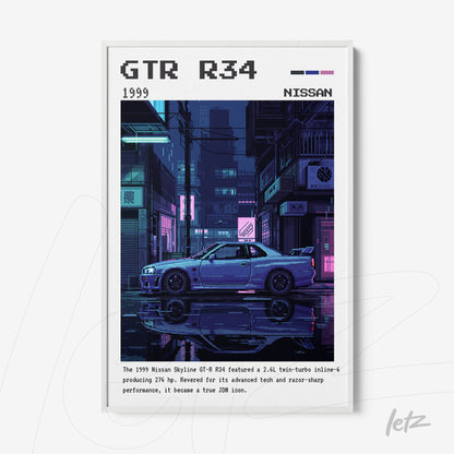 digital art print of Nissan GTR R34 in a nighttime urban setting, white frame
