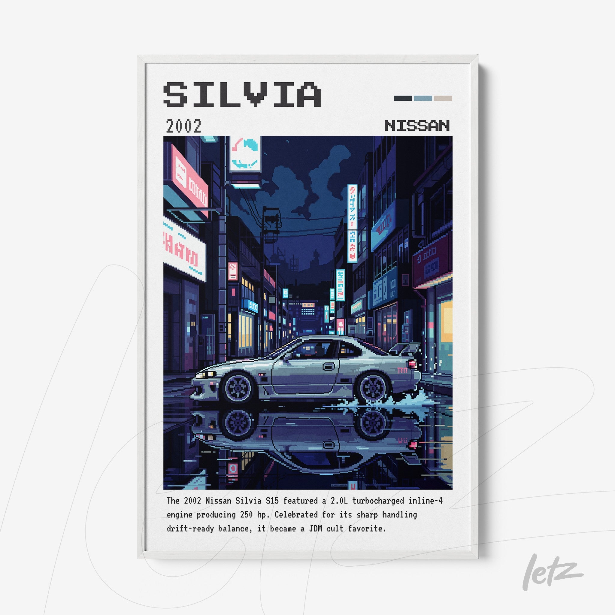 framed digital artwork of a Nissan Silvia S15 in retro style with a white frame