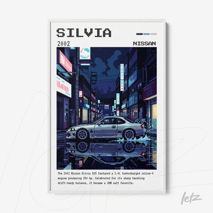 framed digital artwork of a Nissan Silvia S15 in retro style with a white frame