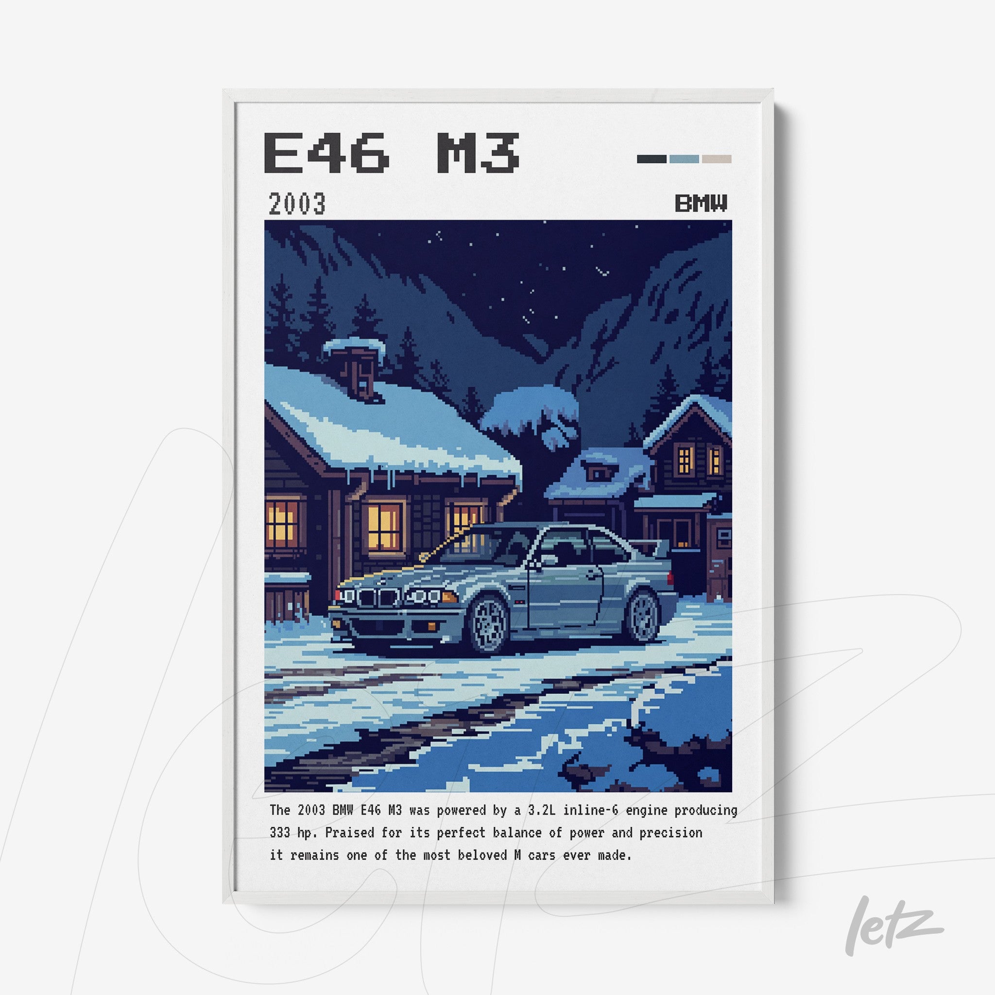 pixel art of the BMW E46 M3 in a winter landscape with snow surrounding a cottage