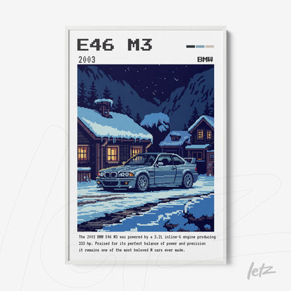 pixel art of the BMW E46 M3 in a winter landscape with snow surrounding a cottage