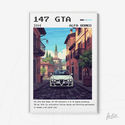 pixel art print of an alfa romeo 147 gta parked on an italian street with white frame