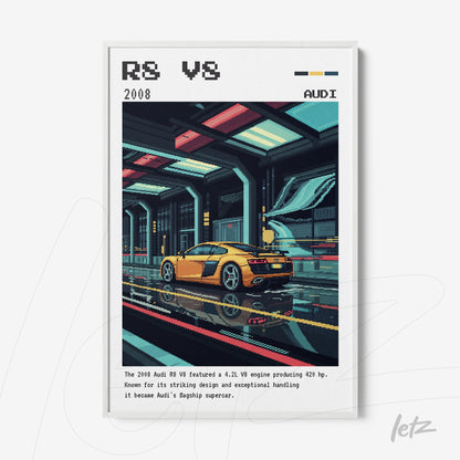framed digital art of Audi R8 sports car in retro style with colorful background