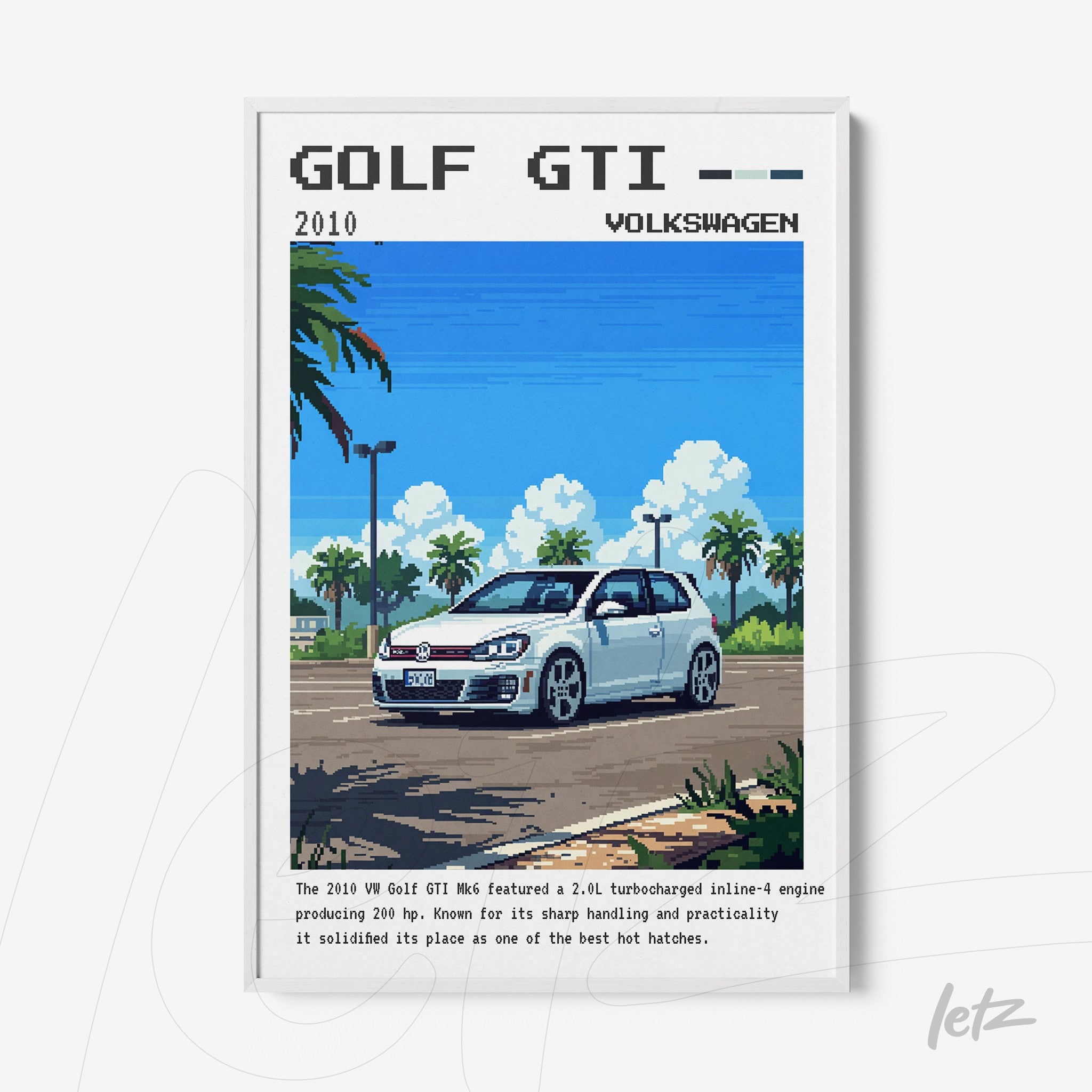 framed pixel art illustration of the 2010 Volkswagen Golf GTI in white frame