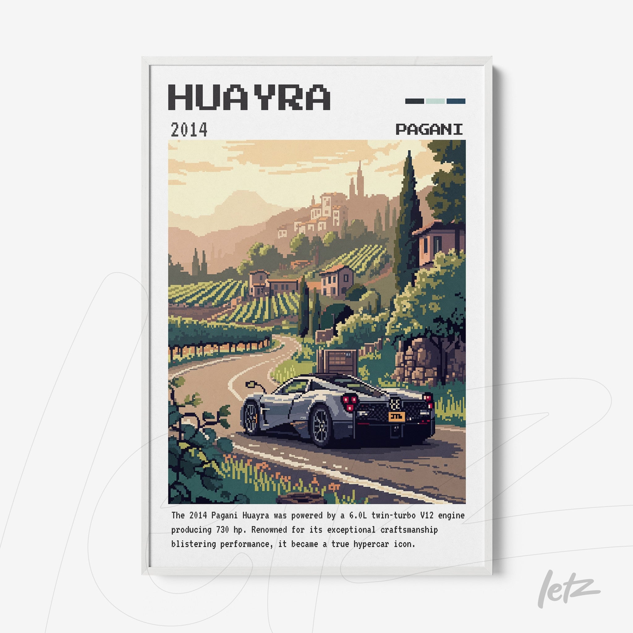 framed pixel art of huayra sports car on a rural road surrounded by vineyards