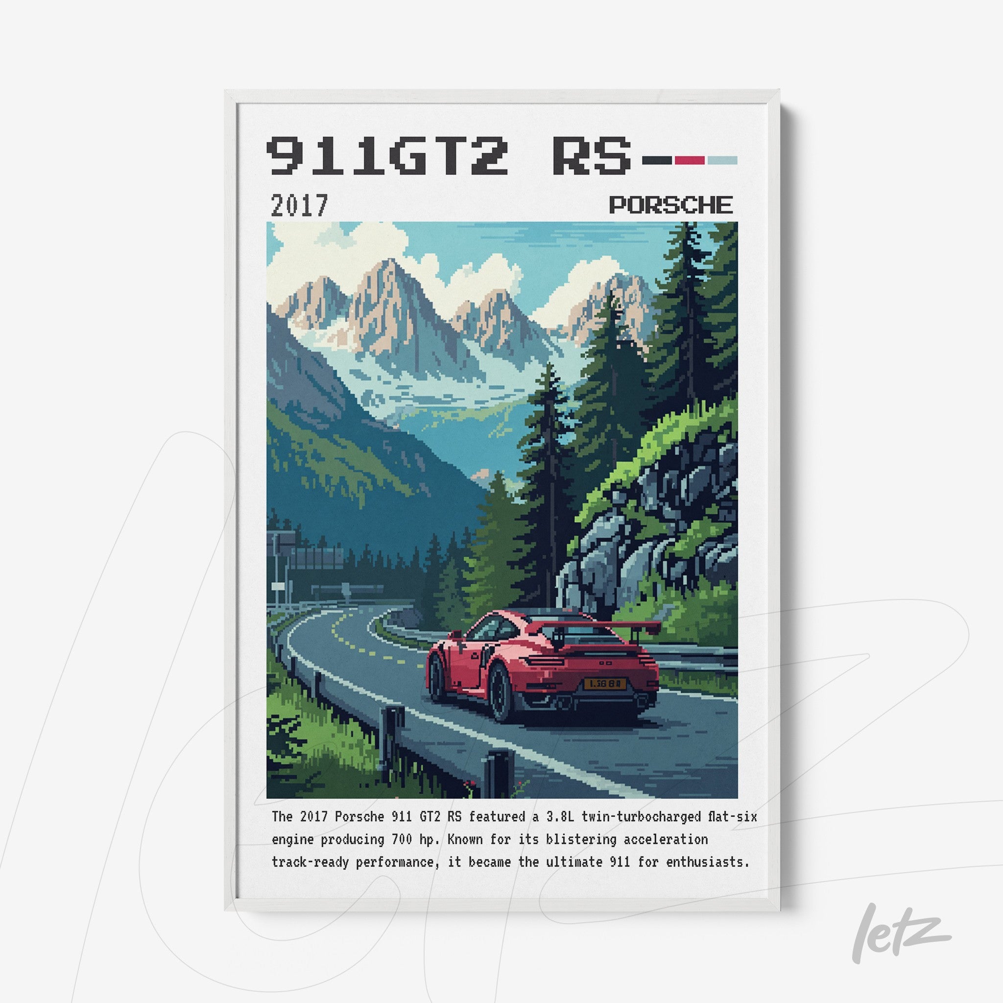 framed vintage style artwork of porsche 911 gt2 rs sports car with white frame, surrounded by mountainous landscape and winding road