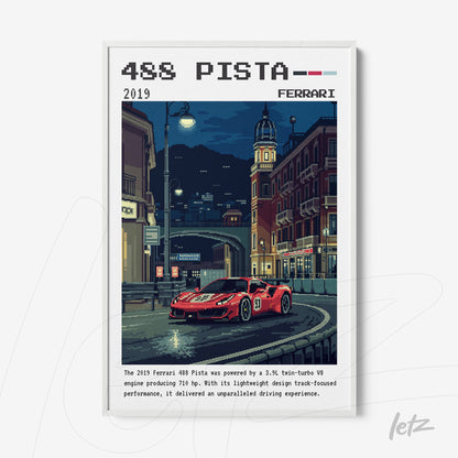 framed digital art of Ferrari 488 Pista sports car with white frame and nighttime urban background