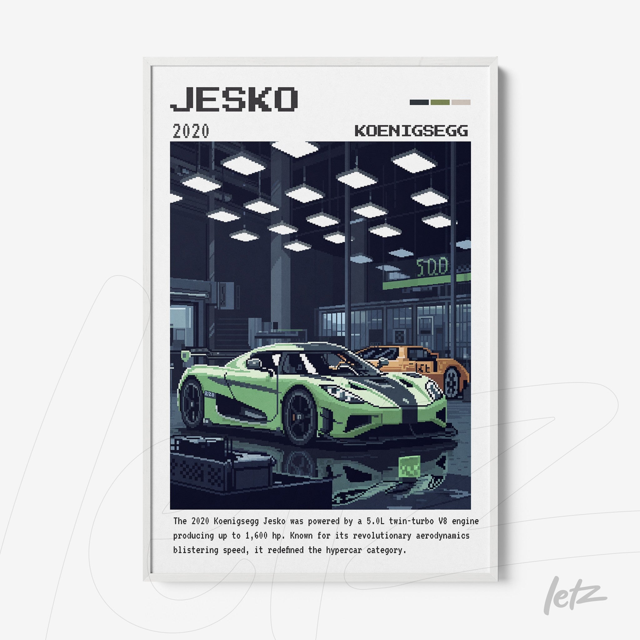 digital art print of a Koenigsegg Jesko in a modern garage setting, featuring a dark background and neon green accents
