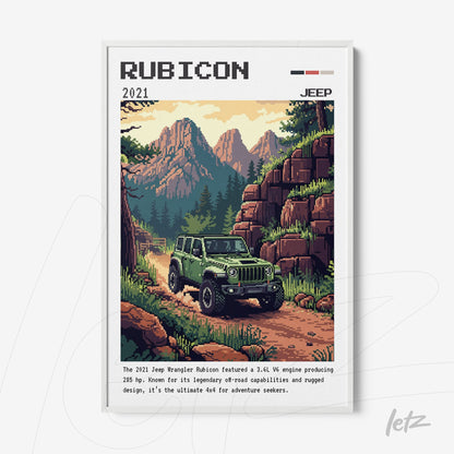 framed digital art of jeep wrangler rubicon driving through a mountainous landscape with modern white frame